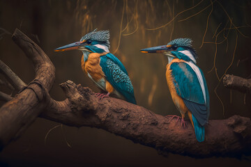 pair of Senegalese Kingfisher birds - Halcyon senegalensis, perched on a branch in forest - obrazy, fototapety, plakaty