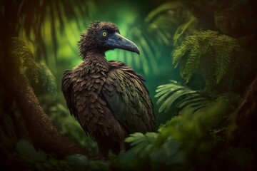 The dodo (Raphus cucullatus) a terrestrial bird endemic to Mauritius, posed on a branch in forest