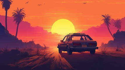 Summer vibes 80s style illustration with car driving into sunset. Generative AI