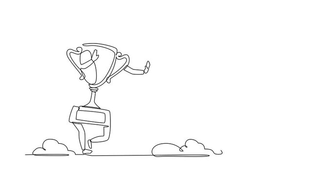 Animated self drawing of continuous line draw businesswoman being chased by trophy. Female worker failed with business direction, mission, vision. Minimalism metaphor. Full length one line animation