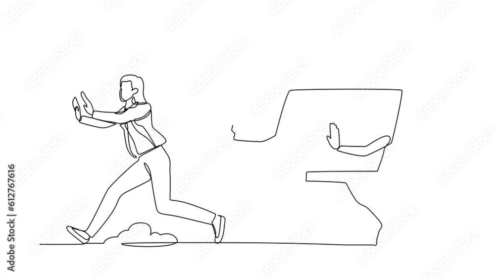Poster animated self drawing of continuous line draw businesswoman being chased by laptop. female manager i