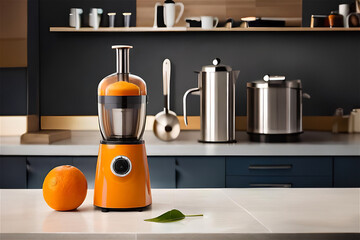 Modern electric juicer with fresh orange on the table in the kitchen