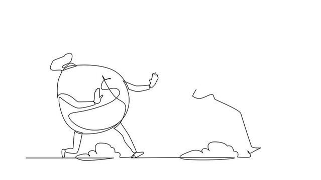 Animated self drawing of continuous line draw scared businesswoman being chased by money bag. Female manager failed achieving goals and profit, running out for money. Full length single line animation