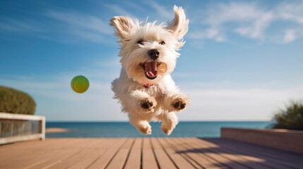 The dog happily jumps in the air, catching the ball. Generative AI,