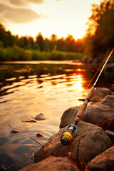 fishing, fishing rod, on the background of the river. Generative AI,
