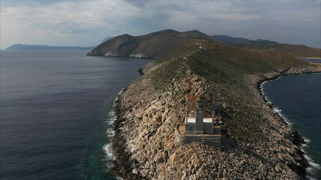 Aerial view of the lighthouse at Cape Matapan on the southern island of Mani of Peloponnese in Greece