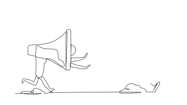 Animated self drawing of continuous line draw businesswoman being chased by megaphone. Female employee avoid loud screaming from boss. Minimalism metaphor concept. Full length one line animation
