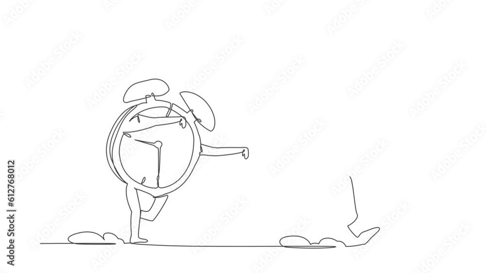 Poster animated self drawing of continuous one line draw arabian businessman being chased by alarm clock. m