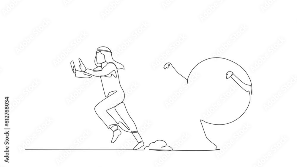 Poster self drawing animation of single line draw unhappy arab businessman being chased by time. deadline p