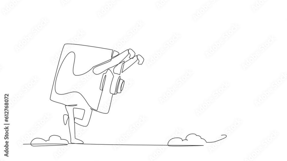 Poster animated self drawing of continuous line draw arab businessman jumping over big chess knight. strate