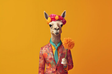 elegant alpaca llama in fashion suit with flower on yellow background, Generative AI