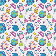 Bright seamless pattern with school supplies and creative elements in doodle style on white background. Back to school background