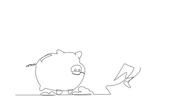 Animated self drawing of continuous line draw Arab businessman being chased by piggy bank. Manager difficult to handle financial or economic crisis. Minimalism metaphor. Full length one line animation