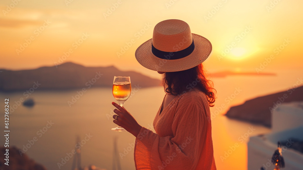 Wall mural vacation on a greek island, a woman in a hat looks at the sunset with a glass of champagne. generati