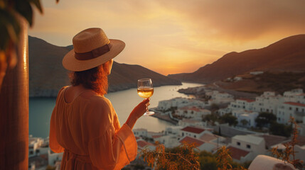Vacation on a Greek island, a woman in a hat looks at the sunset with a glass of champagne. Generative AI,