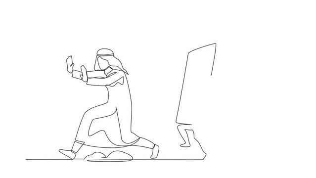 Animated self drawing of continuous line draw unhappy Arab businessman being chased by book. Office worker difficult to get higher education to pursue career growth. Full length single line animation