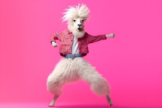 80's style cool llama in jump motion on pink background, Generative AI