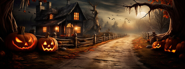 Dark halloween background with pumpkins. Generative AI,