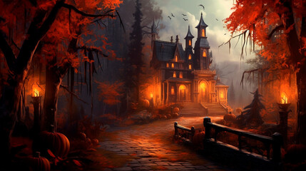 Dark halloween background with pumpkins. Generative AI,