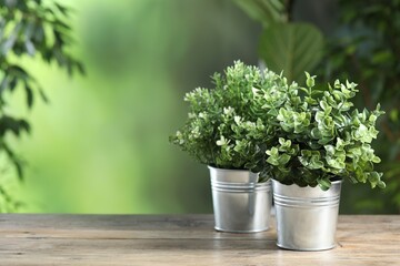 Different artificial potted herbs on wooden table outdoors, space for text