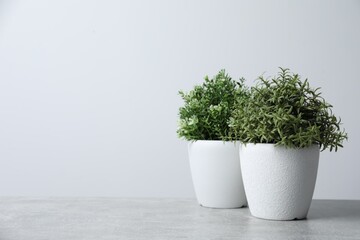 Artificial potted herbs on light grey table, space for text