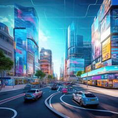Fototapeta na wymiar The city of the future with flying cars Generative AI