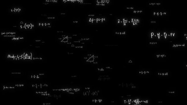 Abstract Physics equation concept, Mathematics calculation, Sciences formula, arithmetic and handwritten geometry symbol, typewriting study on black background, 3d rendering