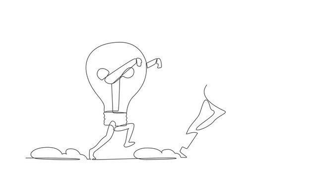 Self drawing of single one line draw fright Arab businesswoman being chased by light bulb. Female worker afraid with innovation business idea. Minimal metaphor. Continuous line. Full length animated