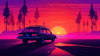 Fototapeta na wymiar Summer vibes 80s style illustration with car driving into sunset. Generative AI