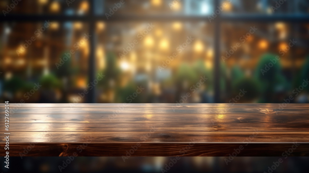 Poster empty dark wooden counter with an open window, in the style of bokeh panorama