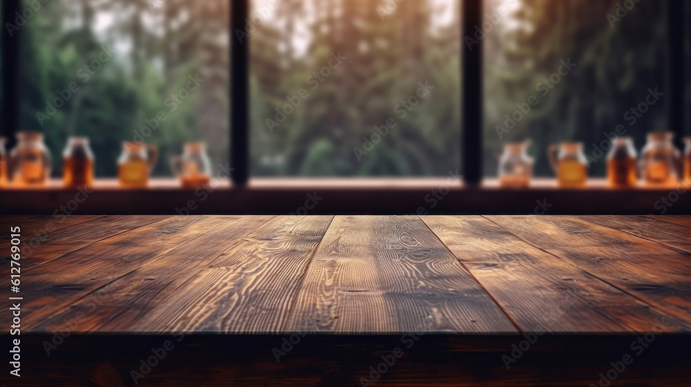 Poster empty dark wooden counter with an open window, in the style of bokeh panorama