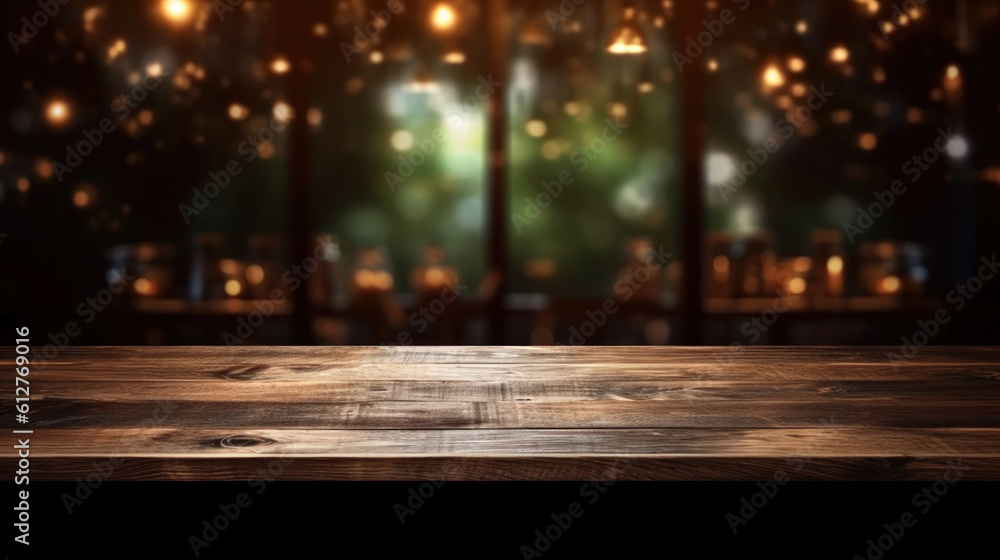 Aufkleber empty dark wooden counter with an open window, in the style of bokeh panorama