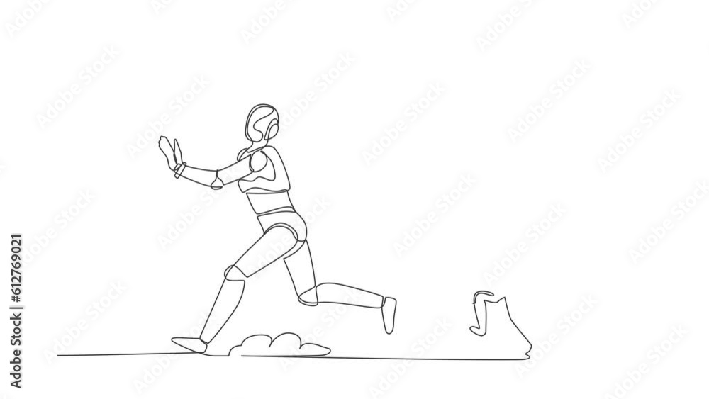 Poster animated self drawing of single continuous line draw robot being chased by trophy. confused with bus