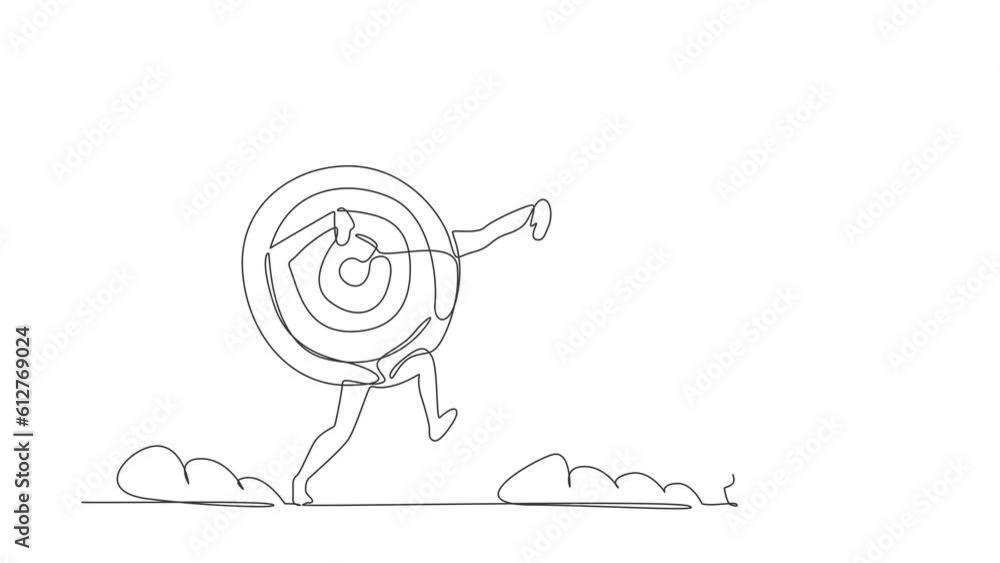 Poster animated self drawing of continuous one line draw robot being chased by archery bullseye target. los