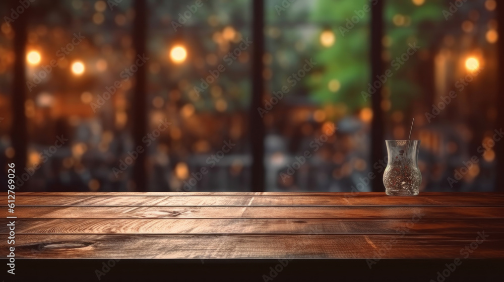 Aufkleber empty dark wooden counter with an open window, in the style of bokeh panorama
