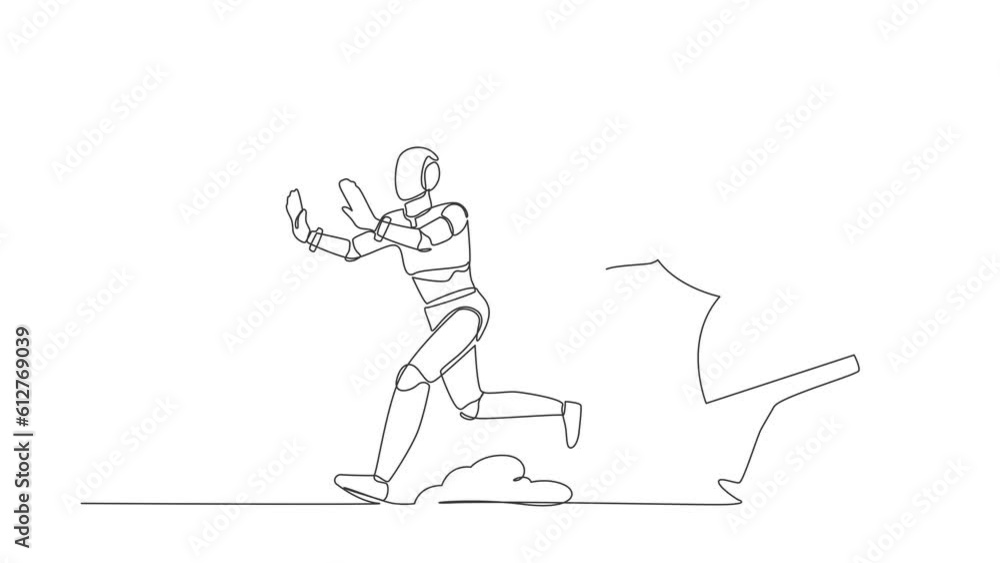 Poster animated self drawing of continuous line draw stressed robot being chased by hourglass. afraid with 