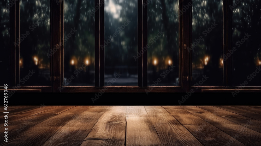 Aufkleber empty dark wooden counter with an open window, in the style of bokeh panorama