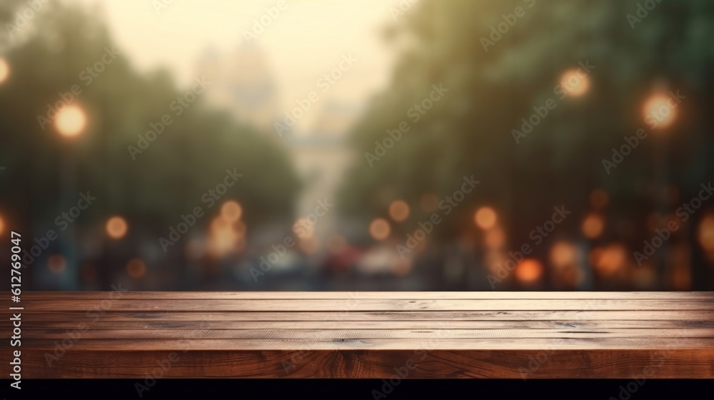 Poster empty dark wooden counter with an open window, in the style of bokeh panorama