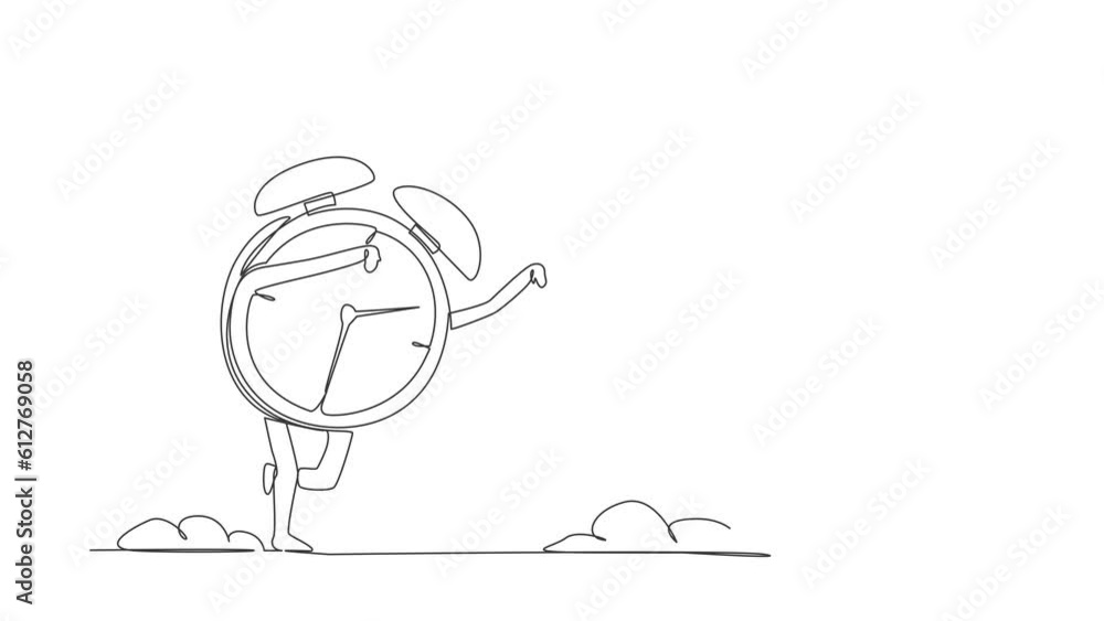 Poster self drawing animation of single one line draw stressed robot being chased by alarm clock. hurry in 