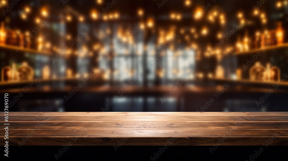 Aufkleber empty dark wooden counter with an open window, in the style of bokeh panorama