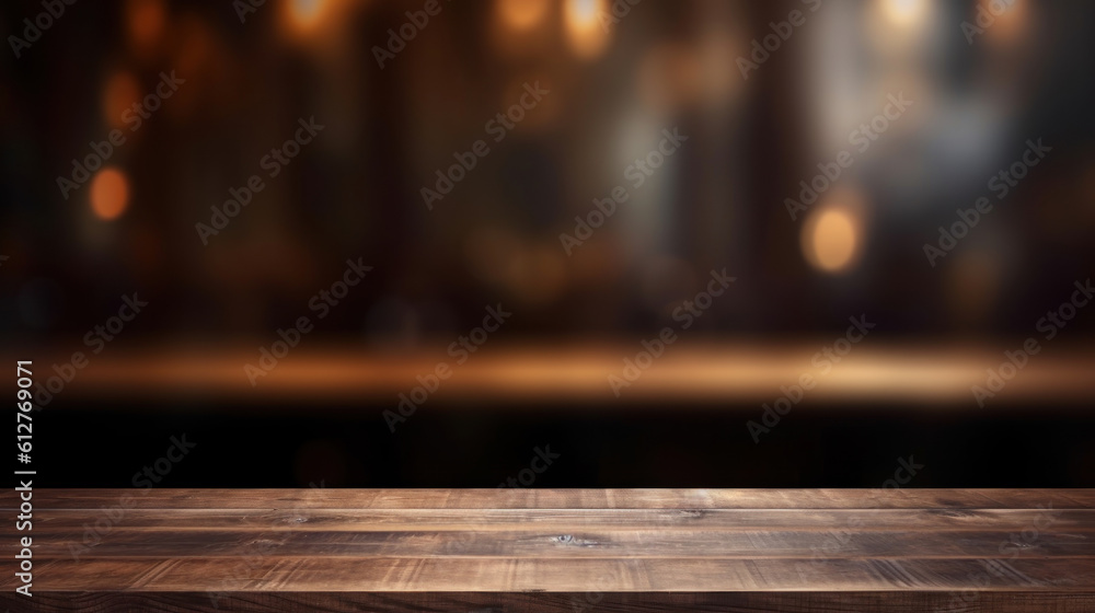 Poster empty dark wooden counter with an open window, in the style of bokeh panorama