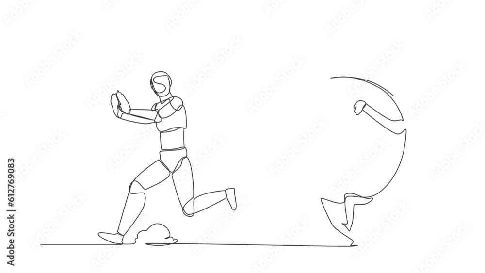 Poster animated self drawing of continuous line draw stressed robot being chased by time. afraid with proje