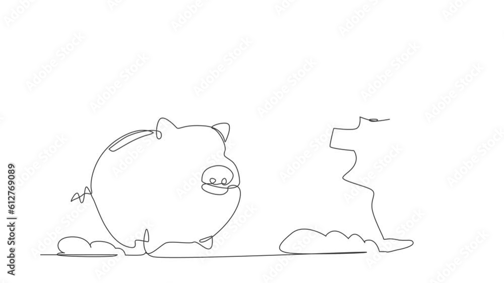 Poster animated self drawing of continuous line draw stressed robot being chased by piggy bank. economic cr