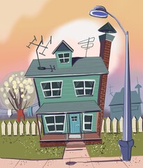 house in landscape with lantern . didgital drowing