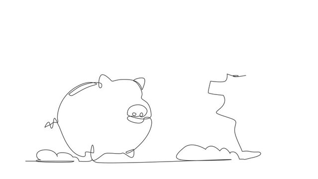 Animated self drawing of continuous line draw stressed robot being chased by piggy bank. Economic crash. Losing money in tech industry. Robotic artificial intelligence. Full length one line animation