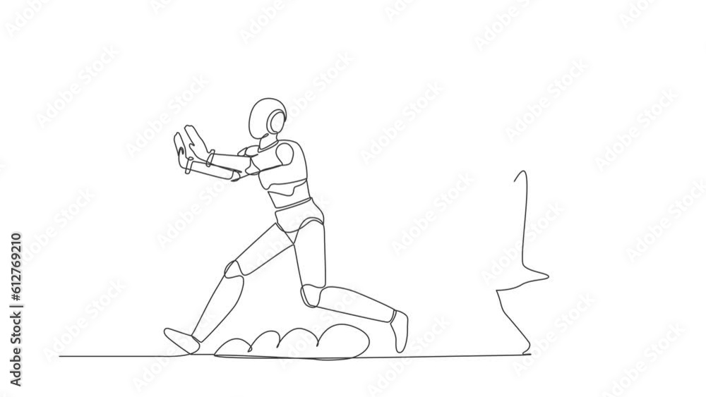 Poster animated self drawing of continuous line draw robot being chased by book. smart robotic manual book 