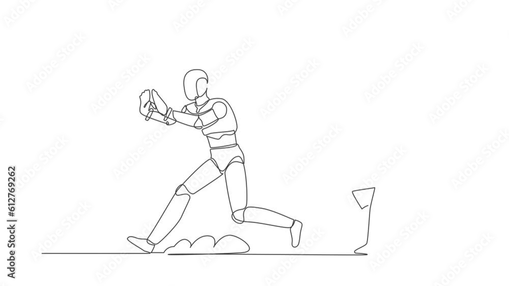 Wall mural Self drawing animation of single line draw robot being chased by wallet. Losing money and business profit. Technology development. Artificial intelligence. Continuous line draw. Full length animated