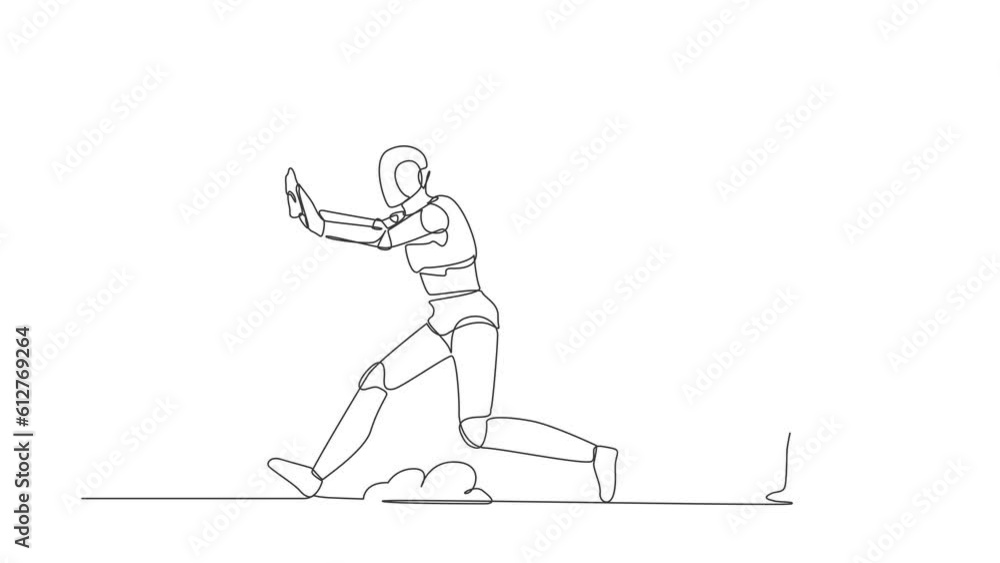 Poster animated self drawing of continuous line draw stressed robot being chased by light bulb. afraid with