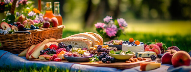 Fototapeta premium picnic basket overflowing with delicious food. Generative Ai,