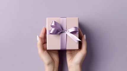 Female hands hold a gift box with a bow. Surprise preparation. Christmas Eve, Xmas and New Year postcard. Black Friday sales, Birthday celebration party concept.